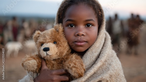 A young girl clutches her teddy bear while snug in a blanket, embodying warmth and innocence amidst a soft background, invoking feelings of comfort and childhood joy.