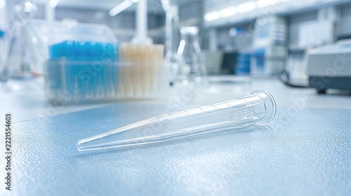 Clear plastic pipette tip lying on a laboratory workbench.