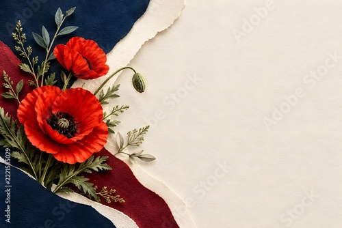 Red Poppy Flowers on Torn Paper Collage Background for Veterans Day and Remembrance Memorial Tribute