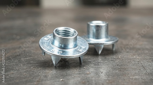 Steel pronged t-nuts on a metallic workshop surface.