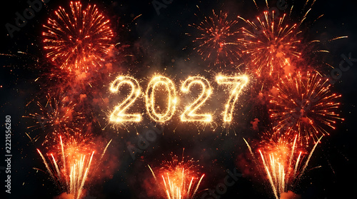 Futuristic 3D Happy New Year 2027 Celebration with Neon Light and Digital Countdown