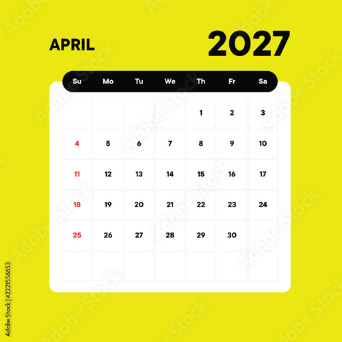 April 2027 Calendar Template, Minimalist Monthly Planner