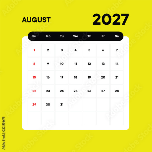 August 2027 Calendar Template, Minimalist Monthly Planner