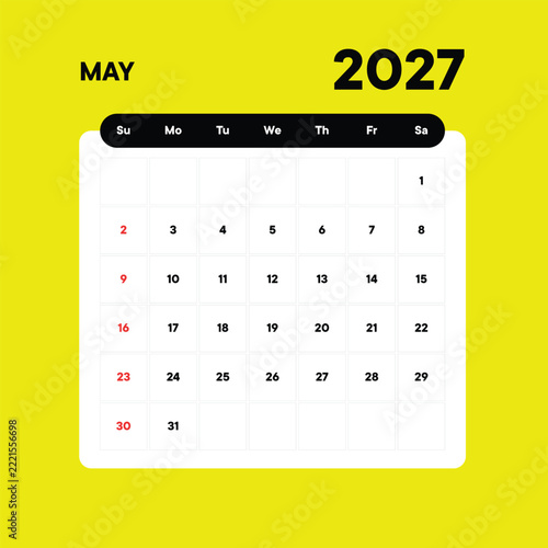 May 2027 Calendar Template, Minimalist Monthly Planner