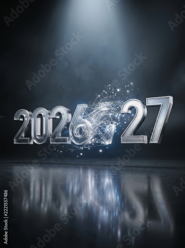 Shiny silver 2026 2027 text with glowing digital particles