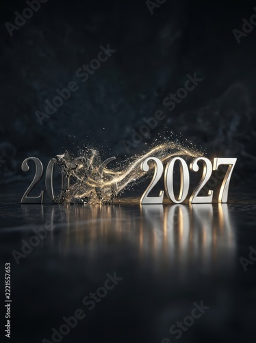 Shiny silver 2027 new year sign with abstract light effects