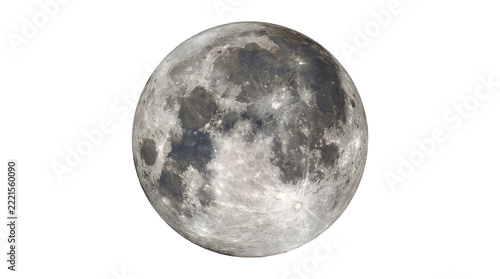 Detailed full moon sphere isolated on a white background, resolution lunar surface texture with craters and dark maria basalt plains