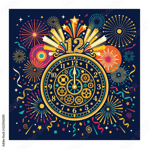 Elegant New Year countdown clock with golden numbers, sparkling fireworks, festive decorations, midnight celebration.