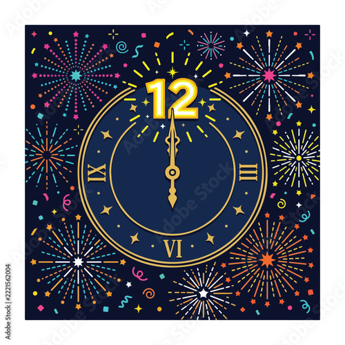 Elegant New Year countdown clock with golden numbers, sparkling fireworks, festive decorations, midnight celebration.