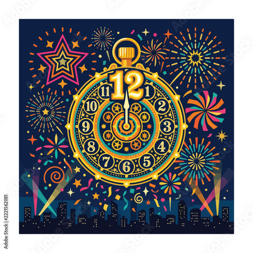 Elegant New Year countdown clock with golden numbers, sparkling fireworks, festive decorations, midnight celebration.