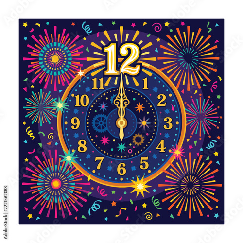 Elegant New Year countdown clock with golden numbers, sparkling fireworks, festive decorations, midnight celebration.