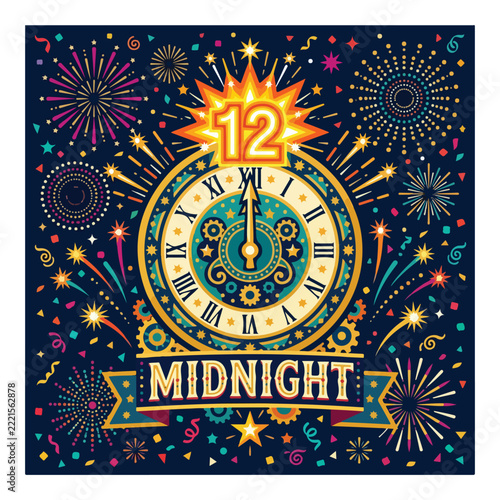 Elegant New Year countdown clock with golden numbers, sparkling fireworks, festive decorations, midnight celebration.