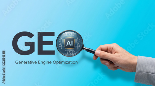 Hand holding magnifying glass over AI microchip icon for generative engine optimization concept