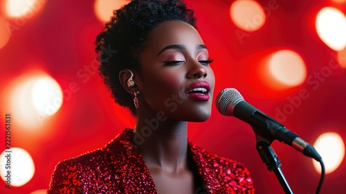 Enthralling woman vocalist delivering an emotional performance amid vibrant stage lighting