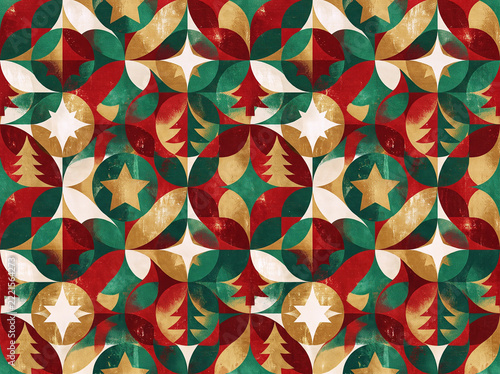 Seamless festive holiday pattern with geometric shapes, Christmas trees, and stars in red, green, and gold