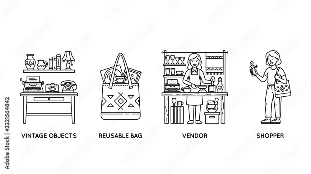 Obraz premium Vintage Objects, Reusable Bag, Vendor & Shopper - Line Art Icons