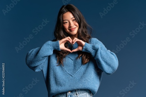 Full Length Studio Portrait of Cute Young Asian Woman in Trendy Clothes Making Heart Sign on Beige Background