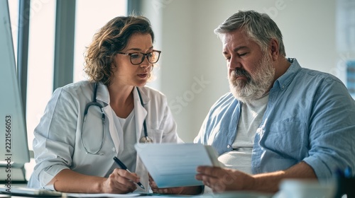 Female Doctor Consulting with Overweight Middle-Aged Male Patient Discussing Test Results in Medical Office
