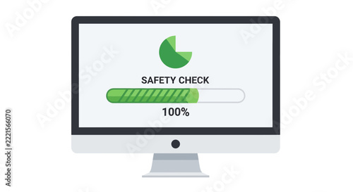 Safety Check Progress Bar 100 Percent Complete on Computer Screen Vector Illustration