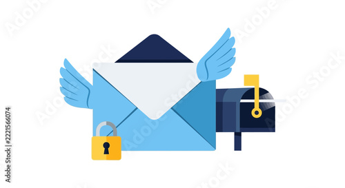 Secure Email Delivery and Fast Communication Concept Illustration; Flying Blue Envelope with Wings, Mailbox, and Padlock for Digital Messaging Security.