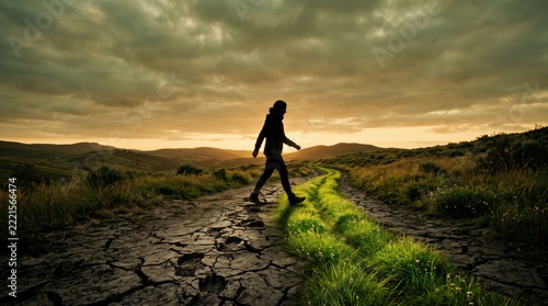 Silhouetted woman walking on cracked path at sunset
