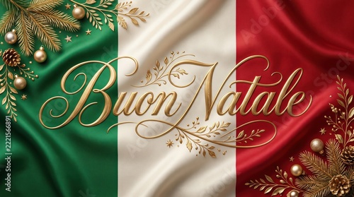 Italian luxury Christmas greeting with antique-gold calligraphy across a tricolor silk flag