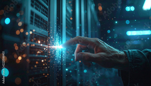 Server Room Synergy: A hand reaches out to touch a glowing server rack in a data center, surrounded by a mystical aura of digital light and bokeh. Capturing the essence of technology and innovation.