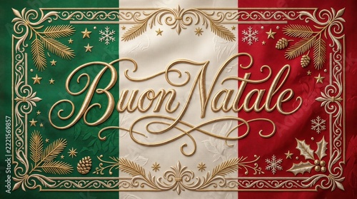 Regal Italian Christmas greeting with gold-thread embroidered calligraphy on a luxurious tricolor silk flag