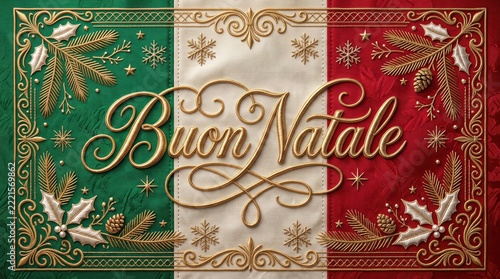 Regal Italian Christmas greeting with gold-thread embroidered calligraphy on a luxurious tricolor silk flag