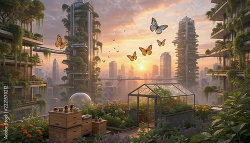 Futuristic Green City Skyline With Rooftop Gardens, Beehives And Butterflies At Sunset, Sustainable Urban Ecosystem