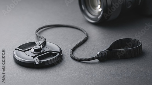 Black camera lens cap with keeper leash cord on dark background.