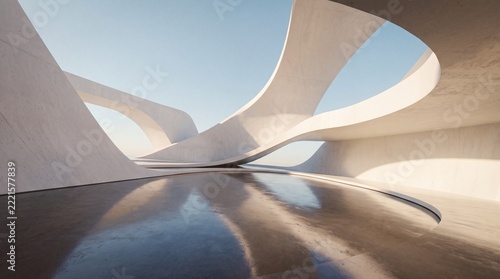 Minimalist futuristic architecture featuring white organic curved structures and fluid shapes under a clear blue sky, with a reflective floor and bright sunlight creating a modern abstract space.