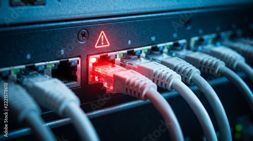 Network switch with ethernet cables connected and one port showing red warning light error