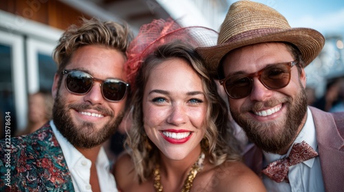 A cheerful trio poses together in stylish attire, showcasing their fun-loving personalities and vibrant spirit during an exciting celebration under the sun.