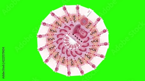Chinese yuan banknotes rotating in circular pattern against green screen