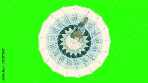 Rotating Pakistani currency notes forming a geometric mandala pattern