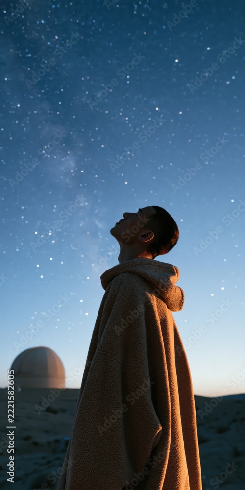 Fototapeta premium Person stargazing at night sky near an observatory dome for background and poster design focused on astronomy and contemplative solitude