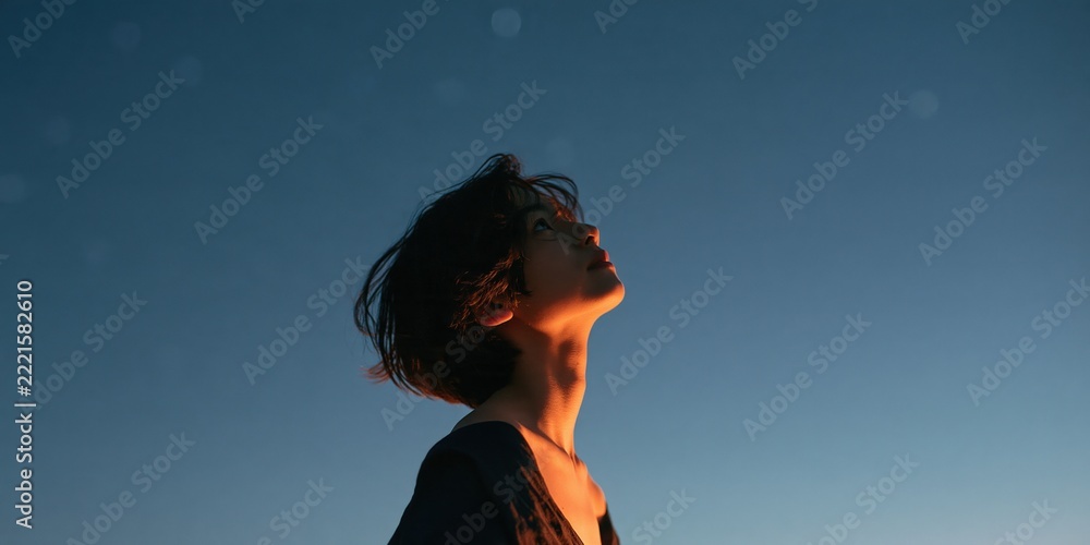 Fototapeta premium Close profile portrait of a contemplative young person looking upward at twilight for editorial background or banner with warm rim light and minimalist sky