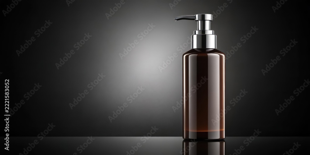 Fototapeta premium Dark sleek cylindrical bottle with a long nozzle pump dispenser for liquids and creams