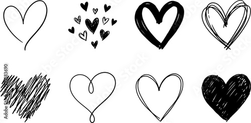 Set of handdrawn heart shapes, collection of various doodle hearts
