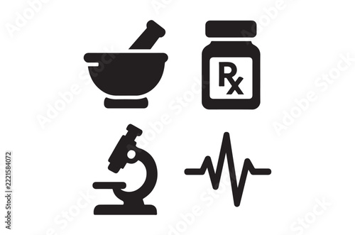 Medical icons set including mortar and pestle prescription bottle microscope and heartbeat line