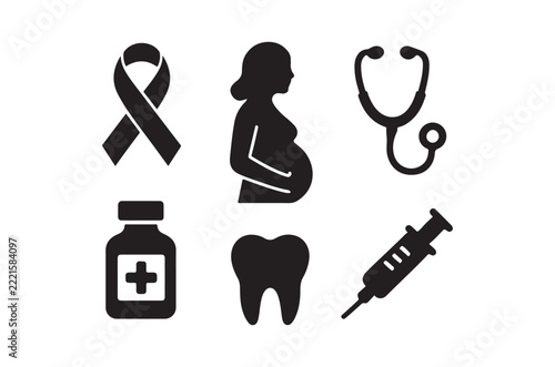 medical icons set silhouettes of awareness ribbon pregnancy stethoscope and more