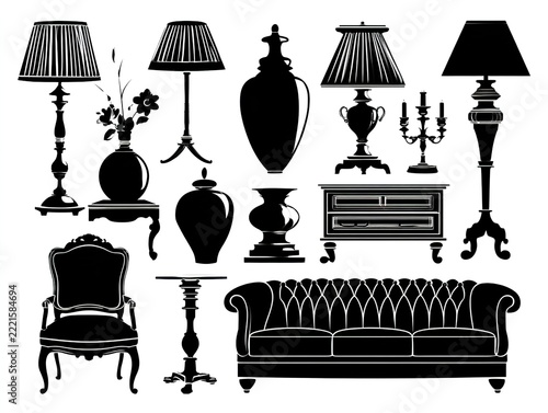 Black silhouettes of classic furniture, table lamps, vases and tufted sofa, vintage home decor set