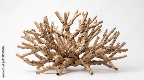An abstract coral-inspired branching structure formed from twisted recycled paper tubes, distinctive organic silhouette, natural kraft texture, sustainable material concept, isolated on white.