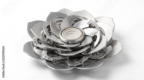 A sculptural mechanical flower with interlocking brushed aluminum petals and a small ceramic center, elegant engineered symmetry, isolated on white background, high-quality studio render.