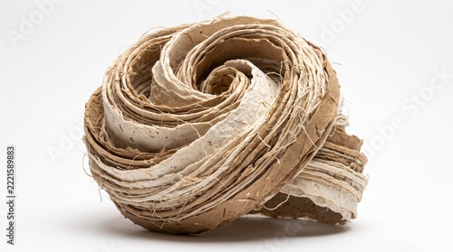 A sculptural spiral made from recycled paper fibers, visible natural strands, layered twisting structure, warm ivory and kraft-brown tones, sustainable design concept, isolated on white, high detail.