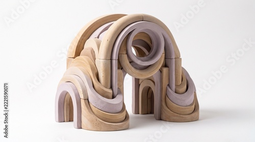 A miniature architectural portal built from stacked soft-stone rings and curved archways, sand and pale lavender materials, sculptural modern design, isolated on white, realistic soft shadows, no text