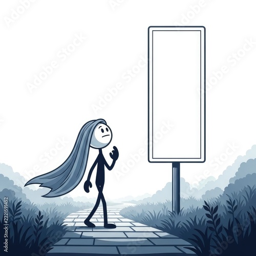 Cartoon woman walking on pathway beside billboard.