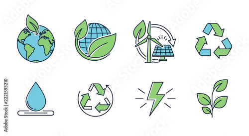 Eco Friendly Icons: Earth, Wind Turbine, Solar Panel, Recycle, Water Drop, Lightning