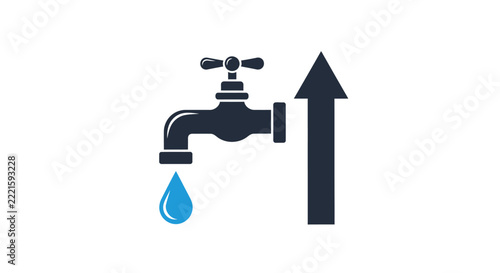 Rising water prices, tap with dripping water and upward arrow icon